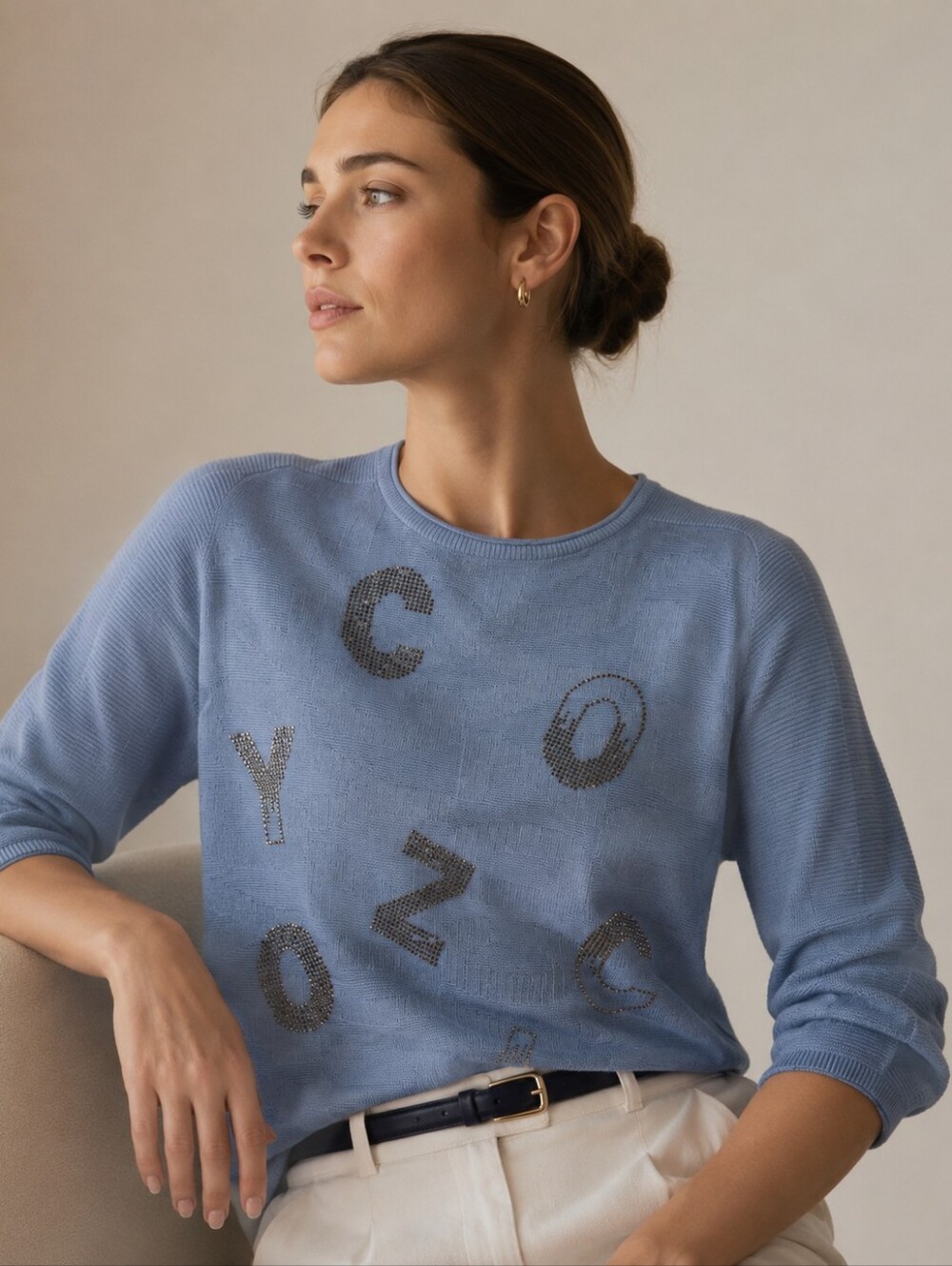 BETTY BARCLAY Blue Rhinestone Letter Sweater Size 36